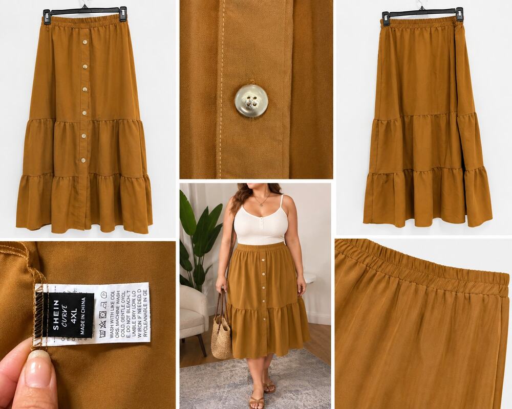 SHEIN Curve 4XL Women's Brown Tiered Button Front Maxi Skirt
